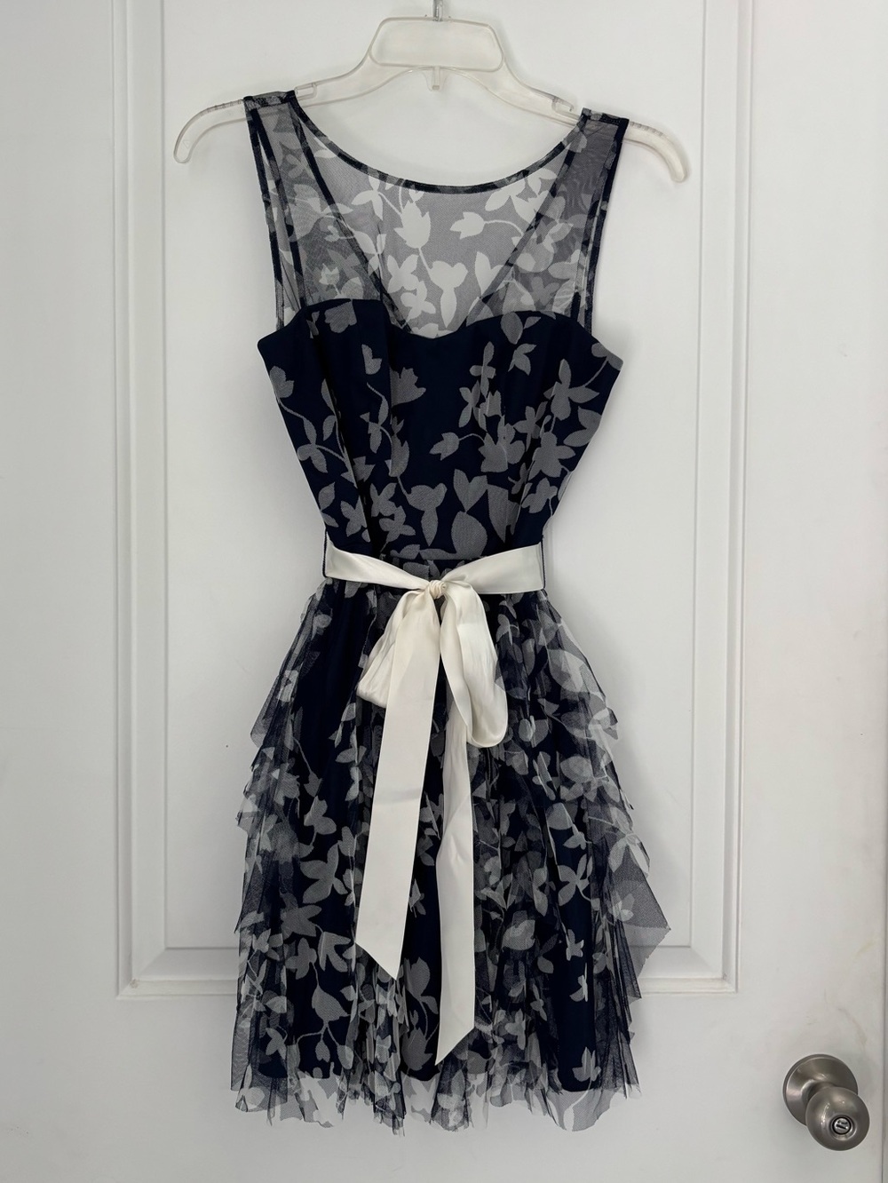 TeezeMe Navy and White Floral Mesh Cocktail Dress with Ivory Sash